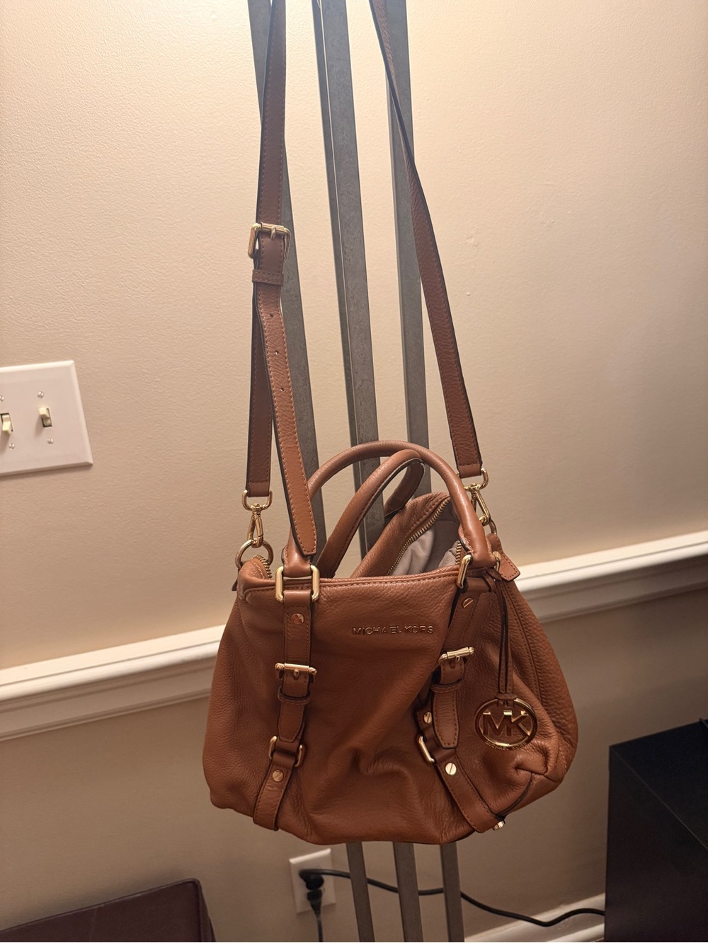 Michael Kors Brown Pebbled Leather Shoulder Bag with MK Charm